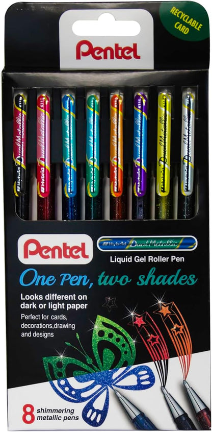 Pentel Hybrid Dual Metallic Liquid Gel Roller Pen YK110/8-M - Pack of 8 Pens in 16 Shimmering Metallic Colours