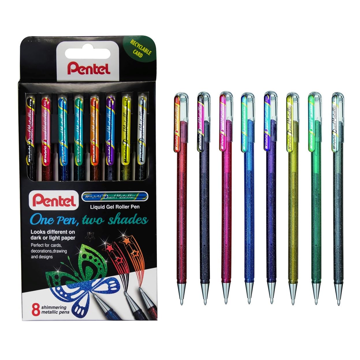 Pentel Hybrid Dual Metallic Liquid Gel Roller Pen YK110/8-M - Pack of 8 Pens in 16 Shimmering Metallic Colours