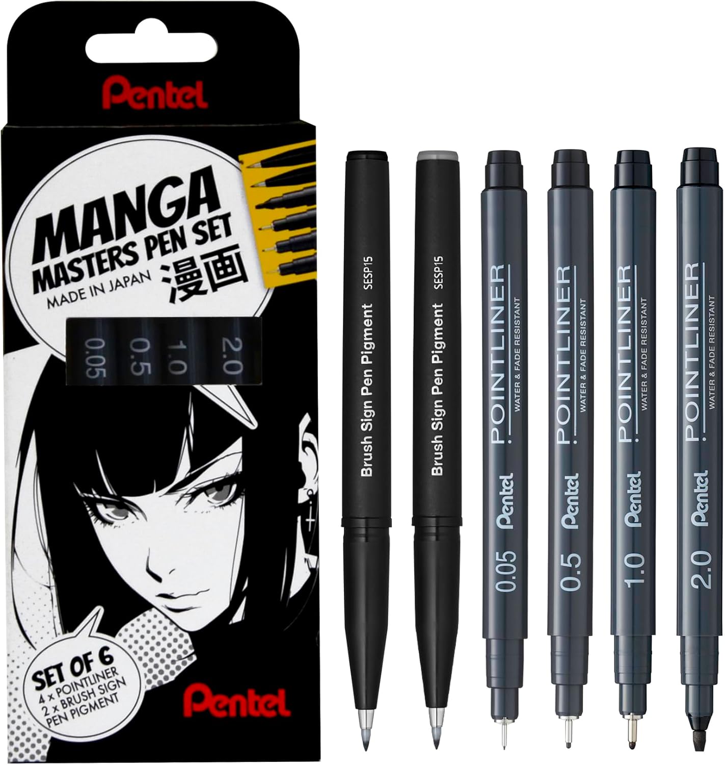Pentel Arts S20P, Manga Masters Pen Set, 4 Pointliner Tip Sizes 0.05-2.0mm & 2 Brush Pens, Black ink (Pack of 6 Pens