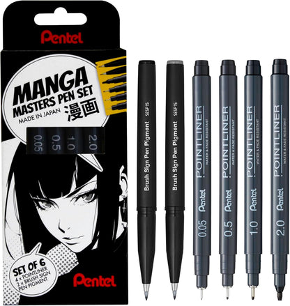 Pentel Arts S20P, Manga Masters Pen Set, 4 Pointliner Tip Sizes 0.05-2.0mm & 2 Brush Pens, Black ink (Pack of 6 Pens