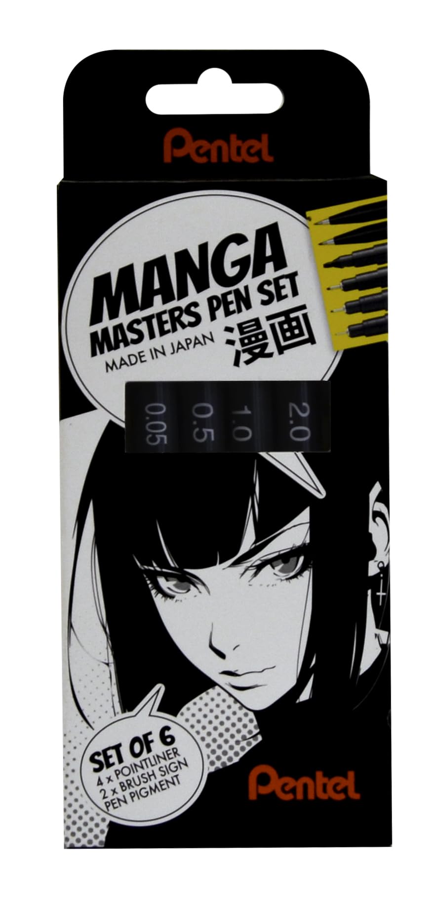 Pentel Arts S20P, Manga Masters Pen Set, 4 Pointliner Tip Sizes 0.05-2.0mm & 2 Brush Pens, Black ink (Pack of 6 Pens