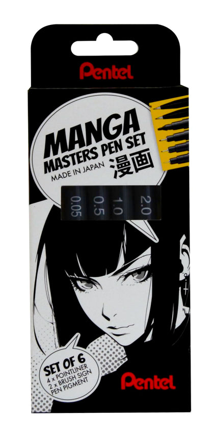 Pentel Arts S20P, Manga Masters Pen Set, 4 Pointliner Tip Sizes 0.05-2.0mm & 2 Brush Pens, Black ink (Pack of 6 Pens