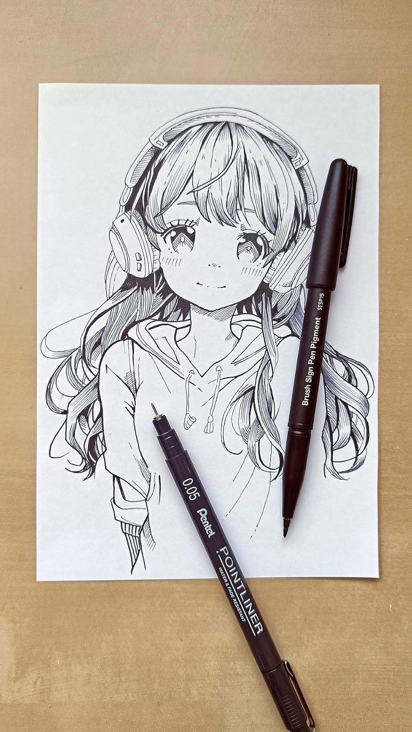 Pentel Arts S20P, Manga Masters Pen Set, 4 Pointliner Tip Sizes 0.05-2.0mm & 2 Brush Pens, Black ink (Pack of 6 Pens
