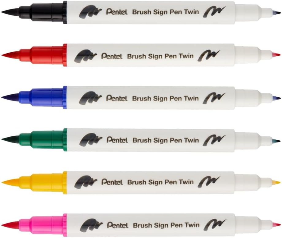 Pentel SESW30C Brush Sign Pen Twin Tip, Broad and Fine Tips for Calligrpahy and Lettering (6 Colour Wallet
