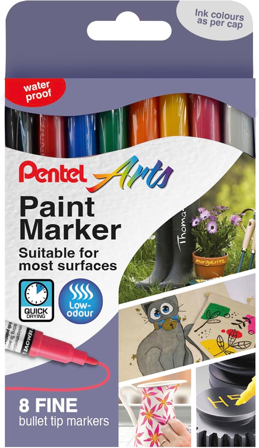 Pentel MSP10 Paint Marker Wallet, Fine 2.9mm Bullet Tip, Standard Colours (8 Marker Pens