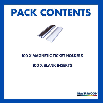 Magnetic Ticket Holder, Metal Label Holder, Magnetic Labels, Large Labels for Storage Boxes - H.25x W.100mm - Pack of 100 - Including Card
