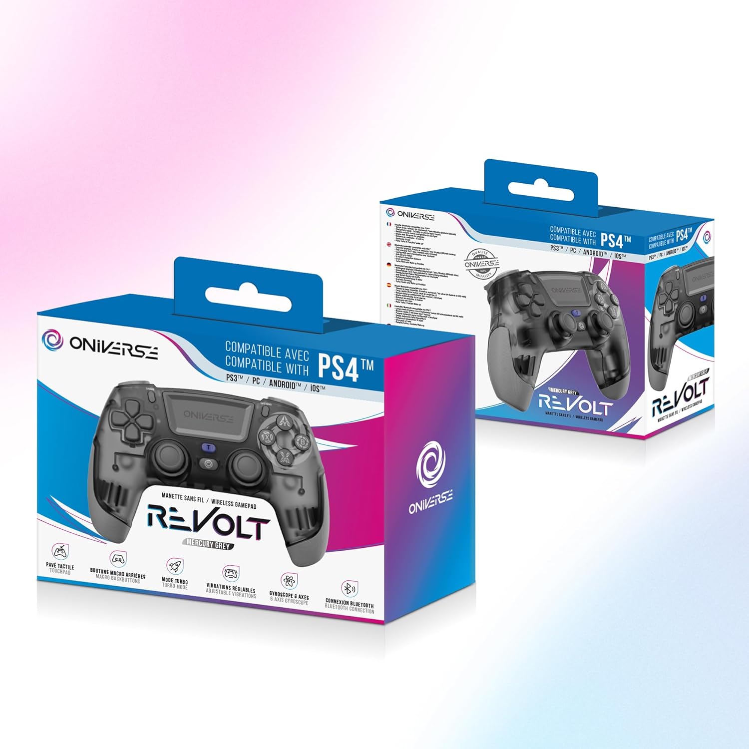 Oniverse Wireless Controller for PS4 PS3 PC ANDROID iOS, Stereo Headset Jack, Adjustable Vibrations, touchpad, macro back buttons, Turbo mode, Wake up, 6 Axis sensor - Revolt (Mercury Grey