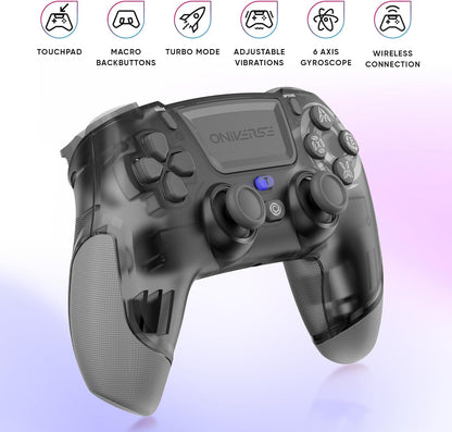 Oniverse Wireless Controller for PS4 PS3 PC ANDROID iOS, Stereo Headset Jack, Adjustable Vibrations, touchpad, macro back buttons, Turbo mode, Wake up, 6 Axis sensor - Revolt (Mercury Grey