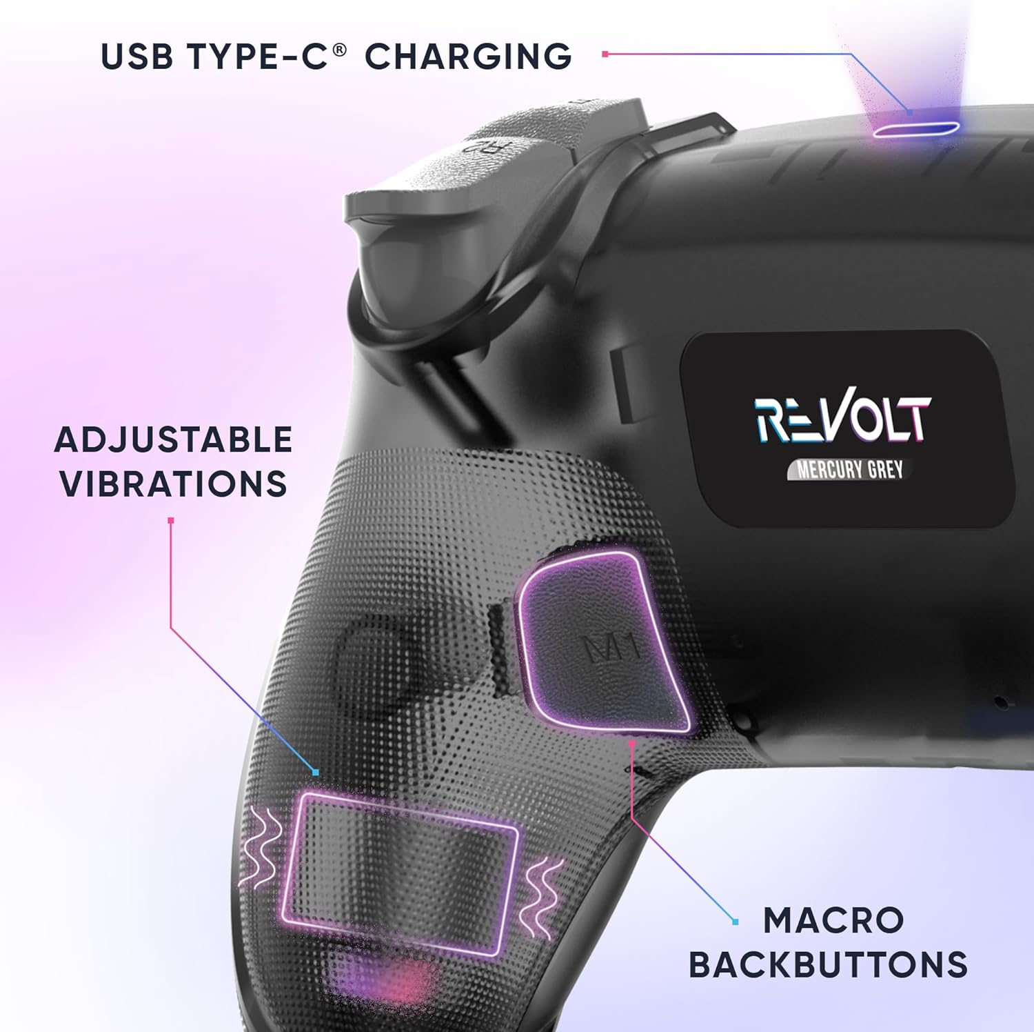 Oniverse Wireless Controller for PS4 PS3 PC ANDROID iOS, Stereo Headset Jack, Adjustable Vibrations, touchpad, macro back buttons, Turbo mode, Wake up, 6 Axis sensor - Revolt (Mercury Grey