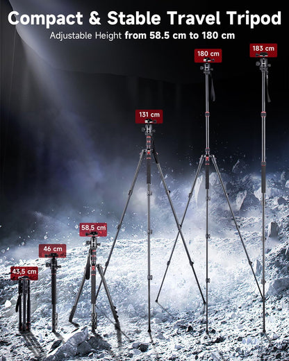 Rollei Compact Traveler No. 2 Black, 180cm Camera Stand with 360° Ball Head Lightweight Aluminum Travel Tripod with Monopod Function Complete Tripod Units for DSLR & Phone with Phone Holder