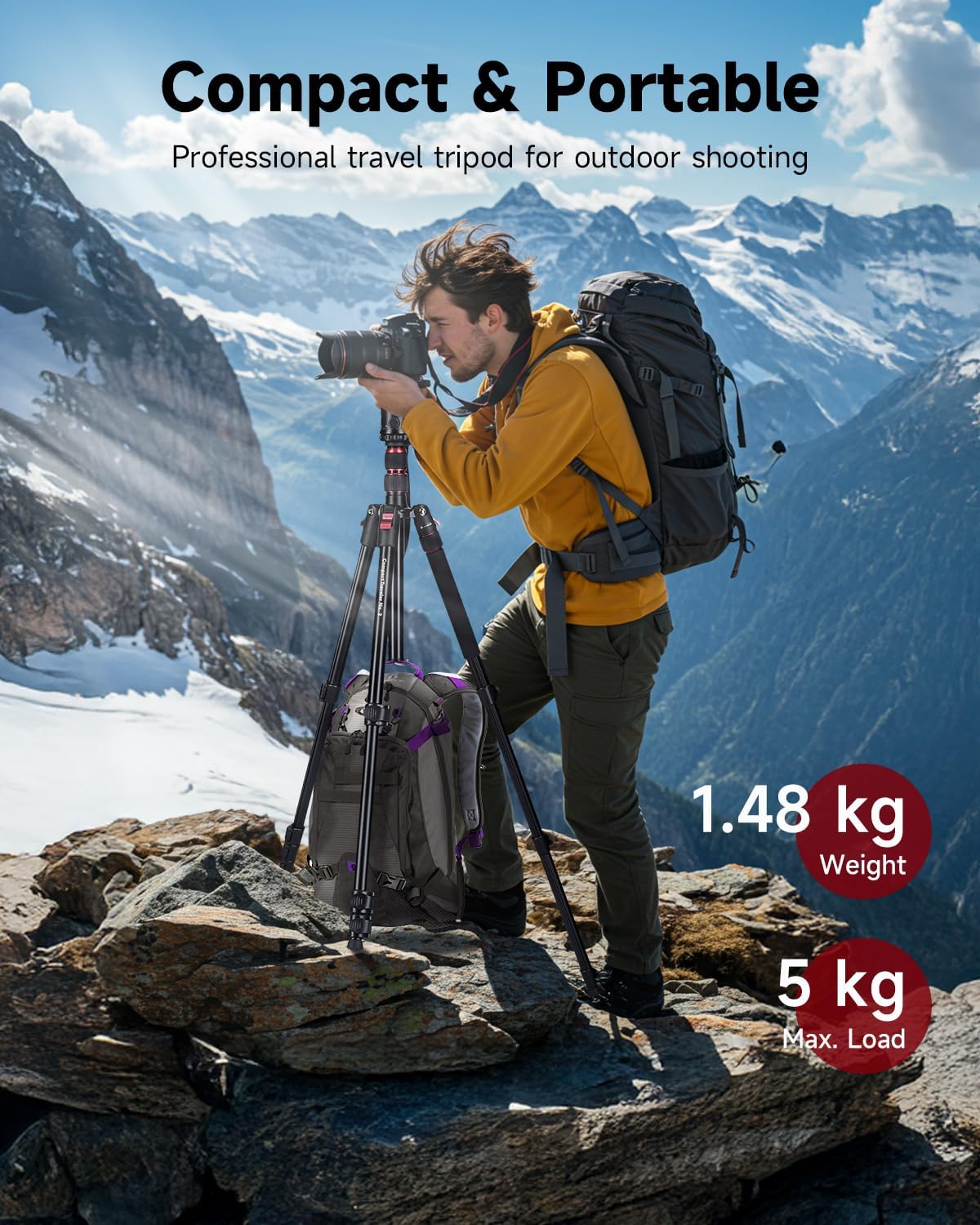 Rollei Compact Traveler No. 2 Black, 180cm Camera Stand with 360° Ball Head Lightweight Aluminum Travel Tripod with Monopod Function Complete Tripod Units for DSLR & Phone with Phone Holder