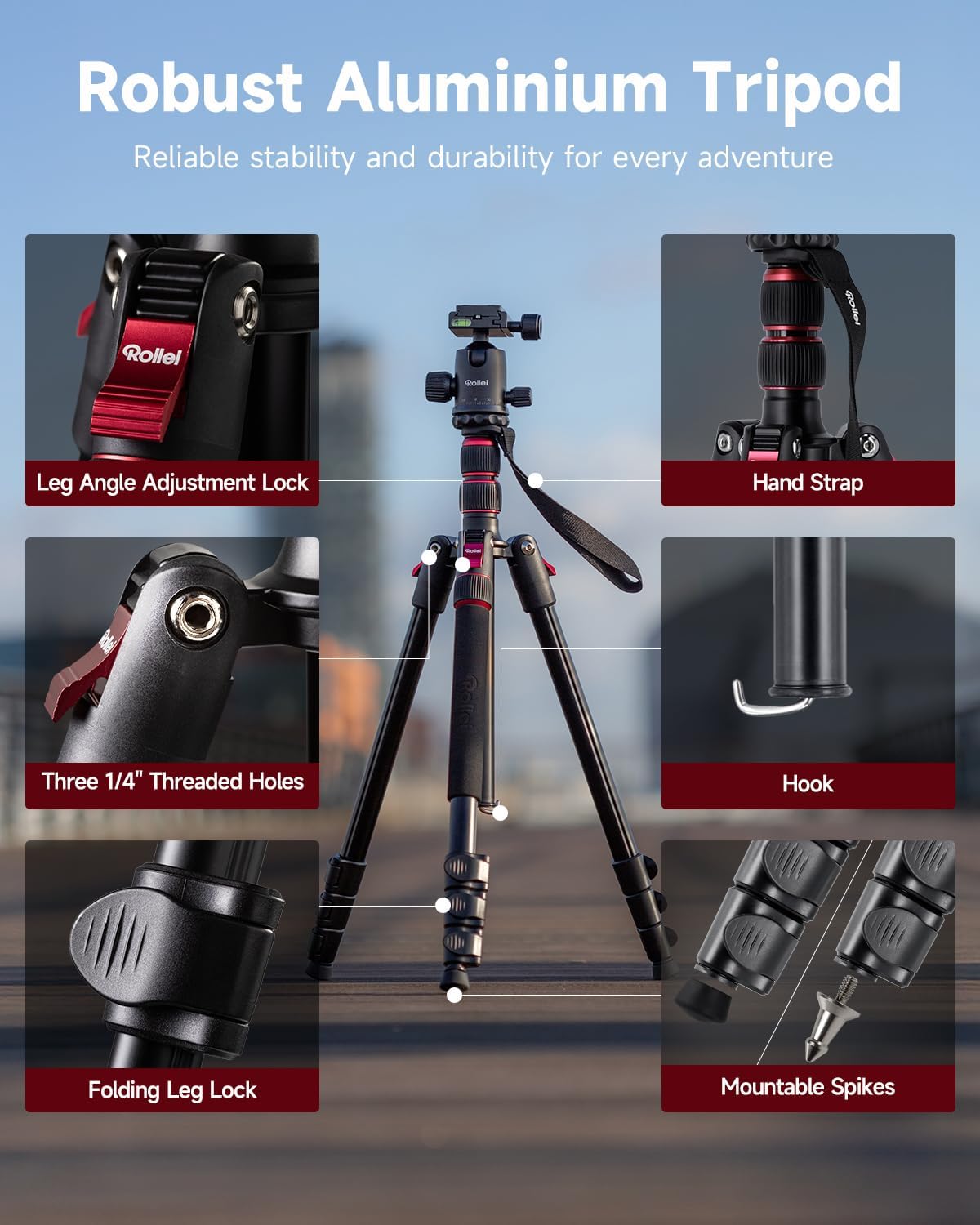 Rollei Compact Traveler No. 2 Black, 180cm Camera Stand with 360° Ball Head Lightweight Aluminum Travel Tripod with Monopod Function Complete Tripod Units for DSLR & Phone with Phone Holder