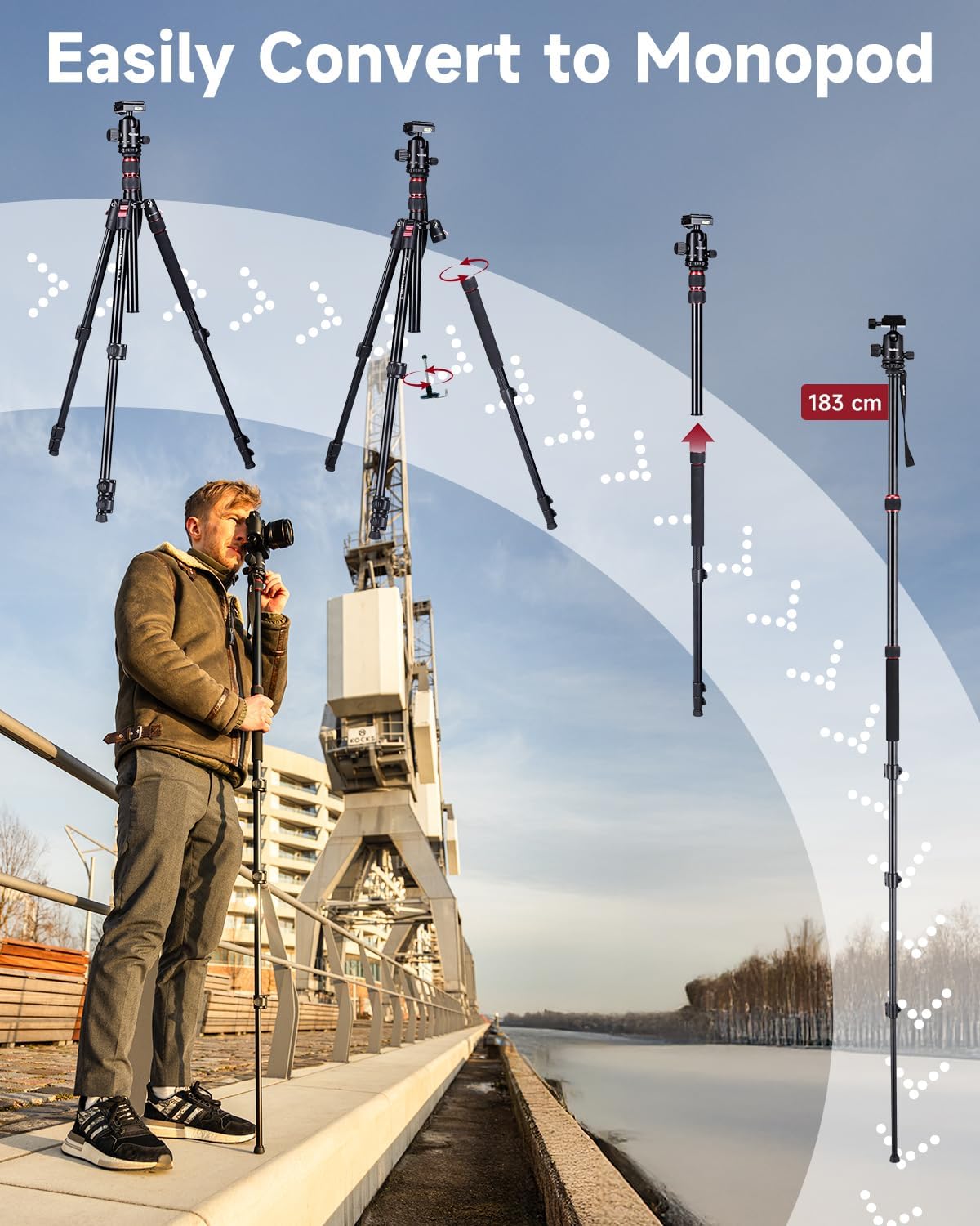 Rollei Compact Traveler No. 2 Black, 180cm Camera Stand with 360° Ball Head Lightweight Aluminum Travel Tripod with Monopod Function Complete Tripod Units for DSLR & Phone with Phone Holder