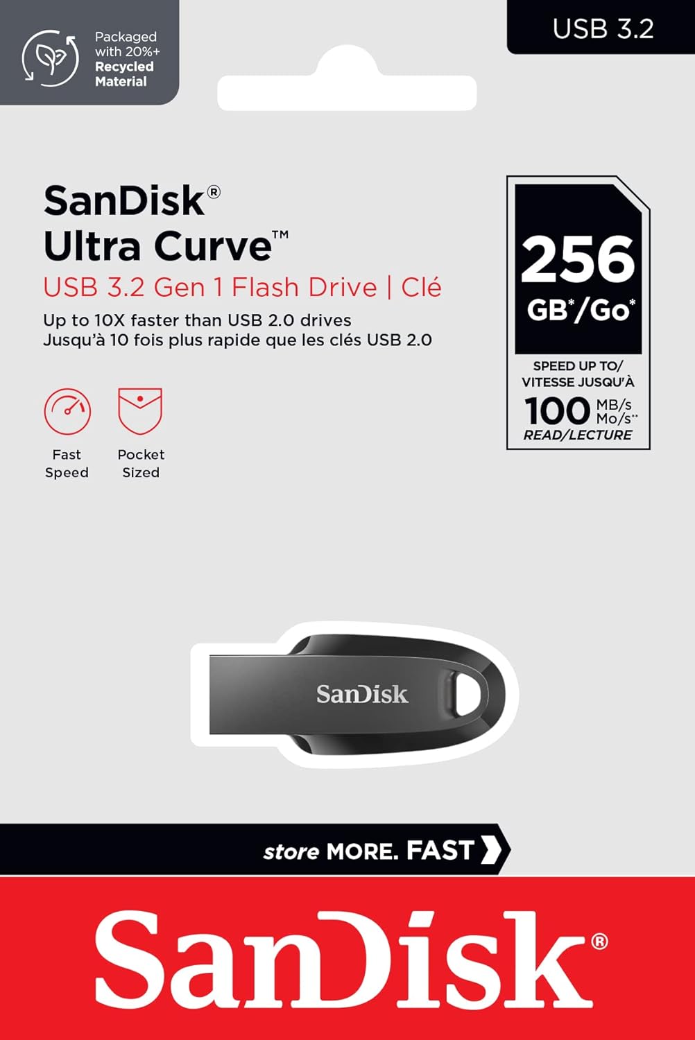 SanDisk 256GB Ultra Curve USB 3.2 Flash Drive, USB Stick, memory stick up to 100 MB/s read speeds, RescuePRO data recovery software, keyring loop, Black