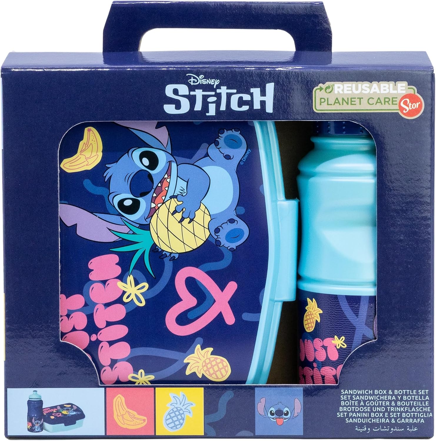 Stor 75073 Set VUELTA AL Cole EN CAJA Regalo (Botella REUTILIZABLE Sport Easy Hold 380 ML Y SANDWICHERA Rectangular) Stitch Palms Lunch Box, Plastic