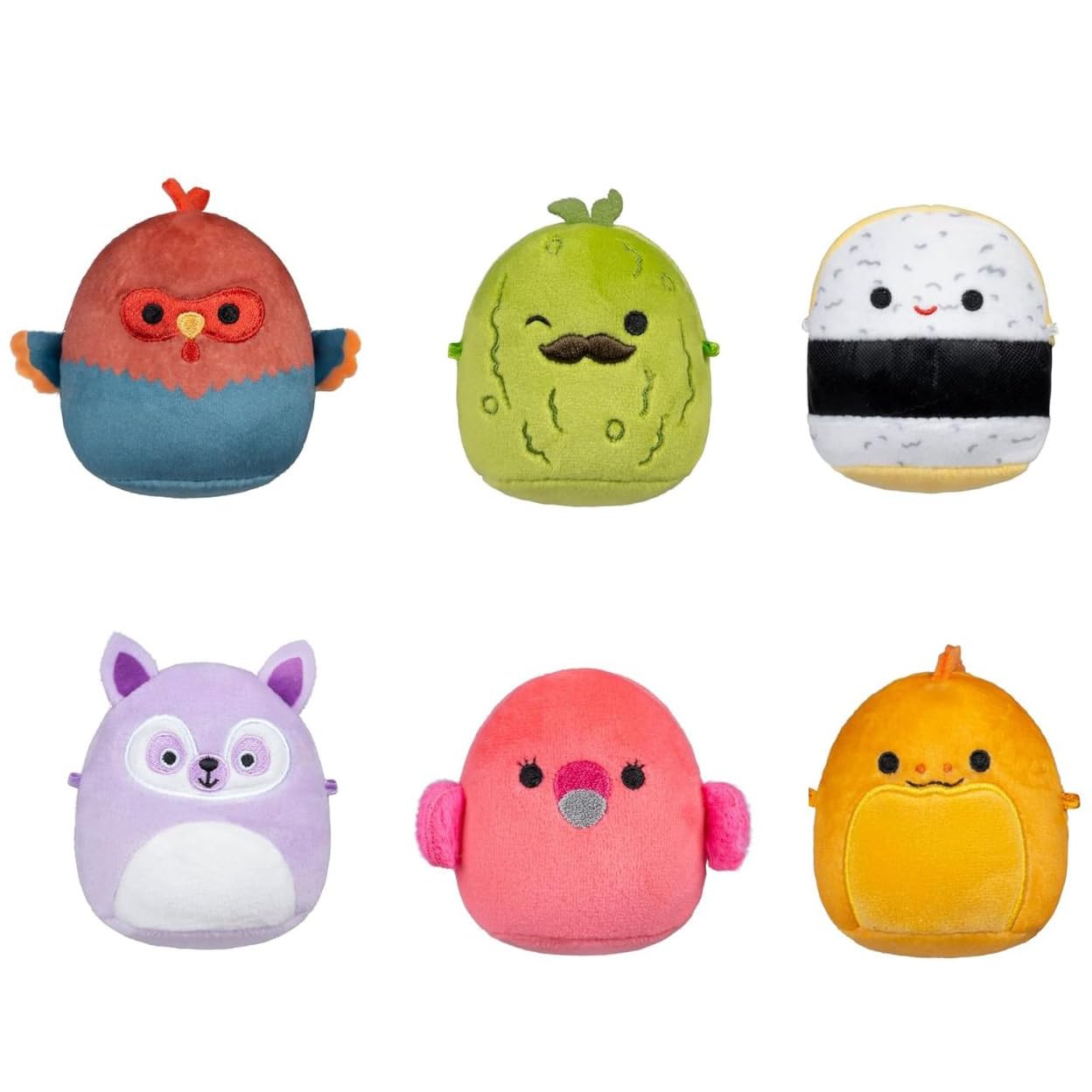 Squishmallows Micromallows Original Plush 6-Pack - Mo the Egg Sushi, Onel the Eel, Reed the Rooster, Layla the Lemur, Charles the Pickle, Cookie the Flamingo