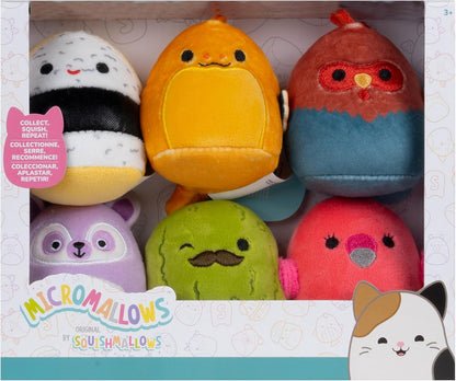 Squishmallows Micromallows Original Plush 6-Pack - Mo the Egg Sushi, Onel the Eel, Reed the Rooster, Layla the Lemur, Charles the Pickle, Cookie the Flamingo