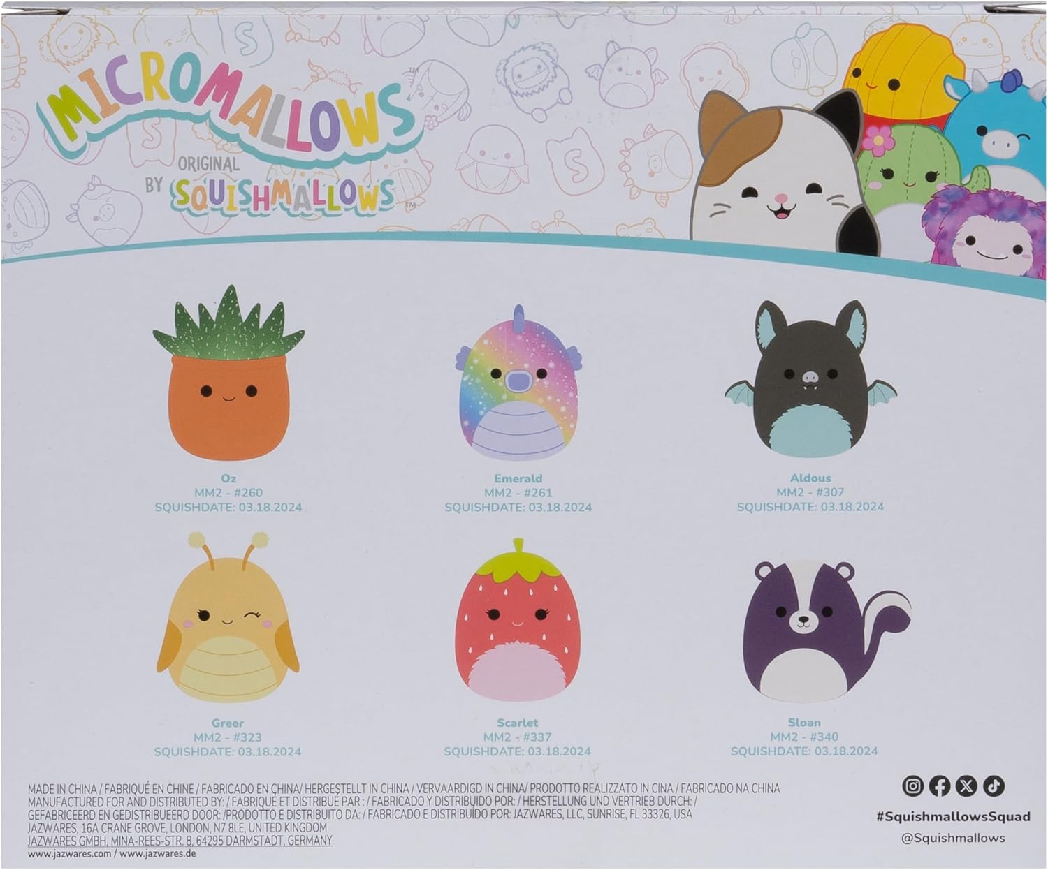 Micromallows Squishmallows Original 6-Pack -Oz the Succulent Plush - Emerald the Seahorse, Aldous the Bat,Greer the Grasshopper, Scarlet the Strawberry, Sloan the Skunk