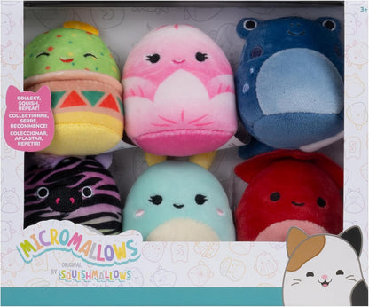 Squishmallows Micromallows Original 6-Pack - Safiya the Zebra, Gideon the Guacamole, Agnolo the Tadpole,Altman the Squid, Connie the Moth, Elin the Lotus