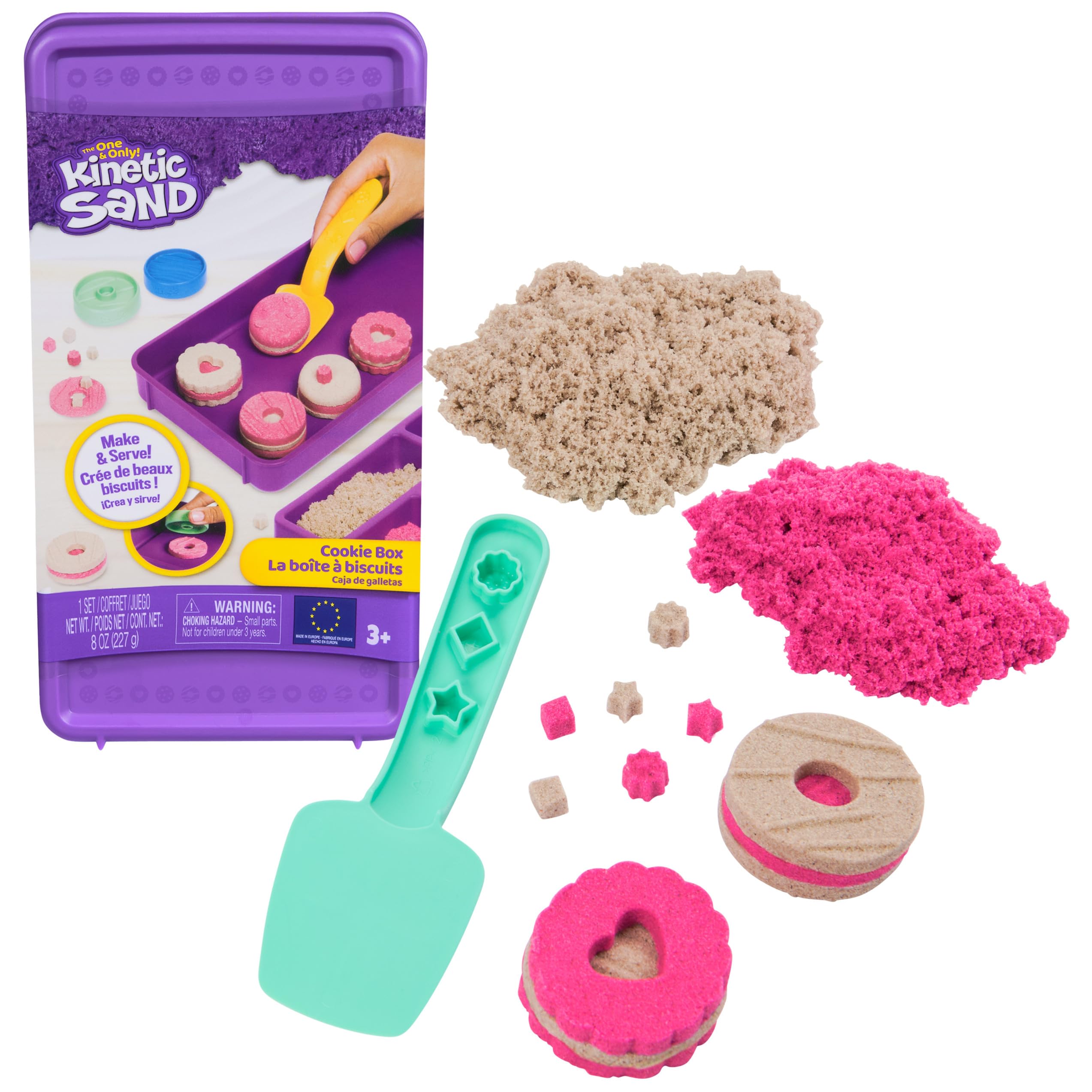 Kinetic Sand, koektrommelset met 227 g speelzand (2 kleuren), 1 stuk gereedschap en 2 vormen, herbruikbare verpakking, knutselen, sensorisch speelgoed