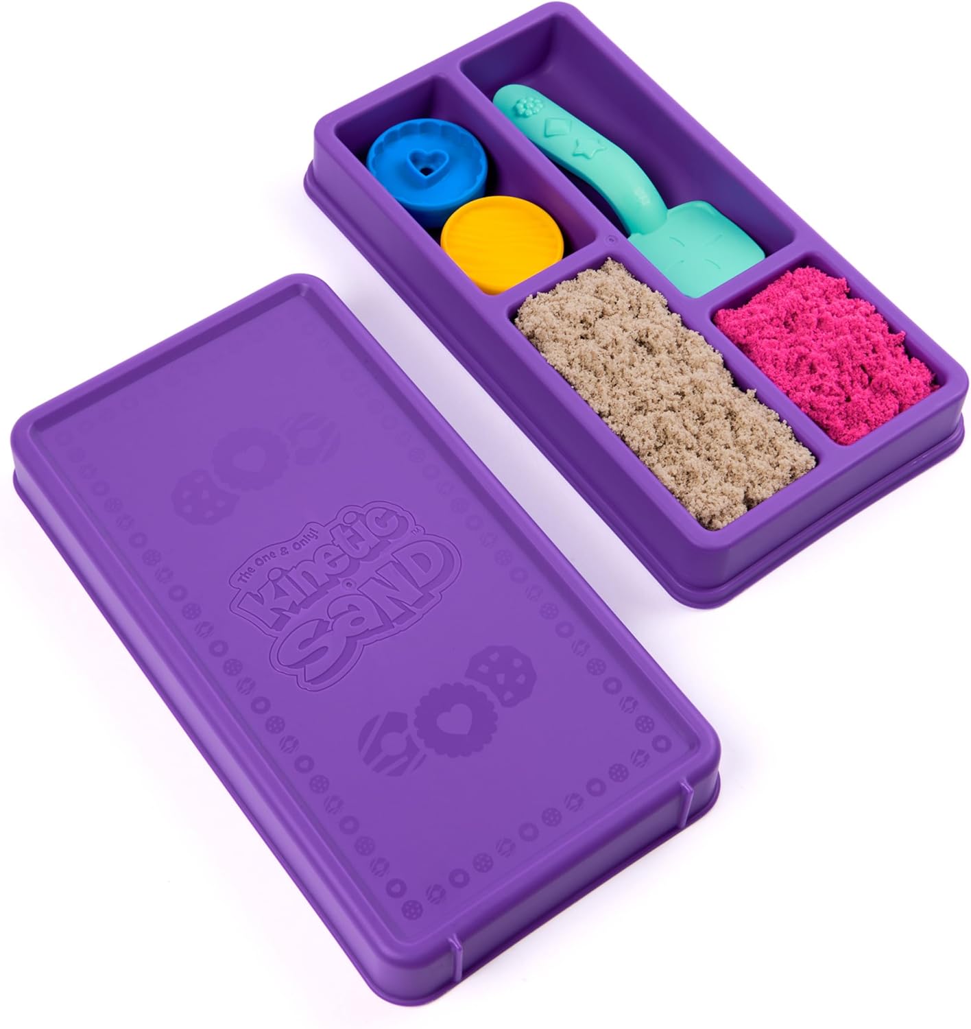 Kinetic Sand, koektrommelset met 227 g speelzand (2 kleuren), 1 stuk gereedschap en 2 vormen, herbruikbare verpakking, knutselen, sensorisch speelgoed
