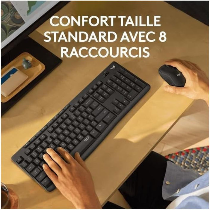 Logitech MK295 Silent wireless mouse and keyboard set with SilentTouch technology, standard size numeric keypad, instant wireless responsiveness, 90% less noise, French QWERTY - Gray