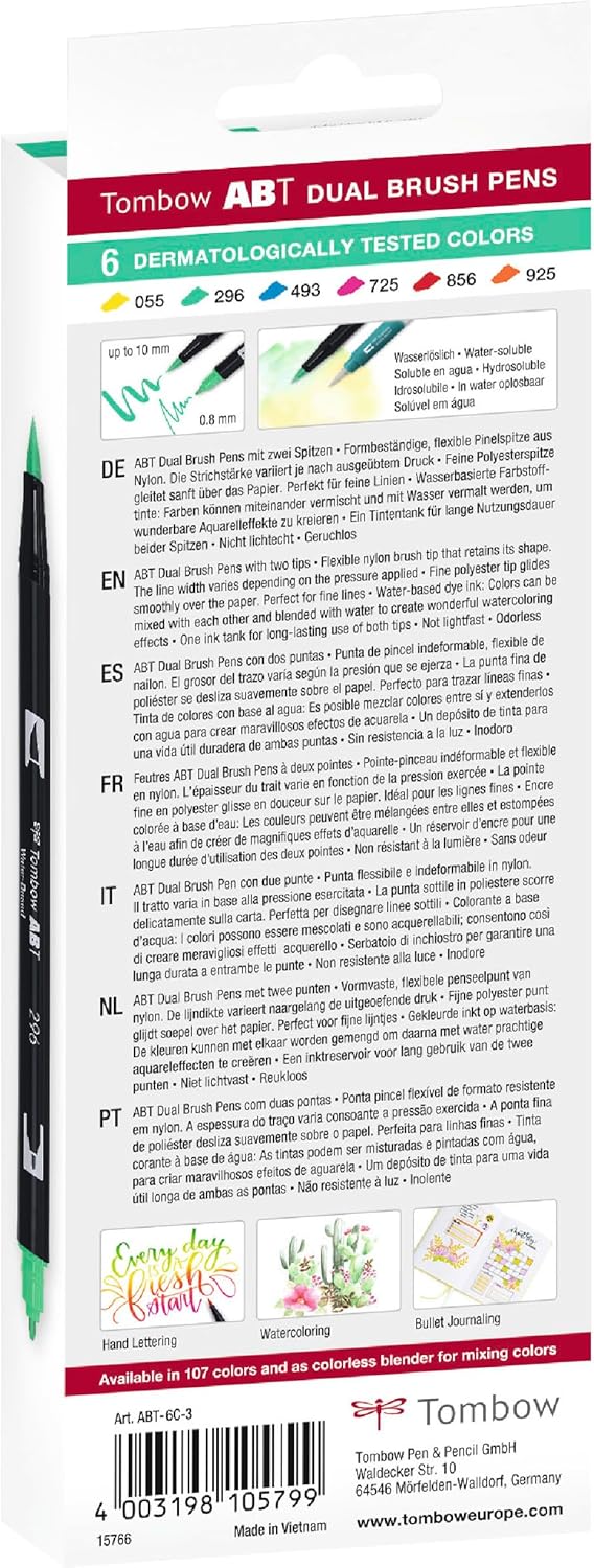 Tombow ABT-6C-3 Set of 6 ABT Felt-tip Dual Brush pens with 2 Tips, dermatologically Tested