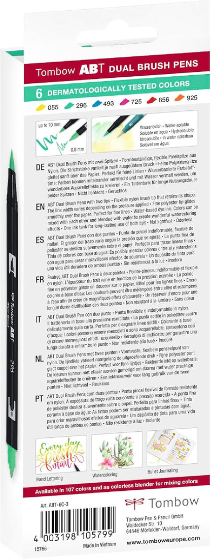 Tombow ABT-6C-3 Set of 6 ABT Felt-tip Dual Brush pens with 2 Tips, dermatologically Tested