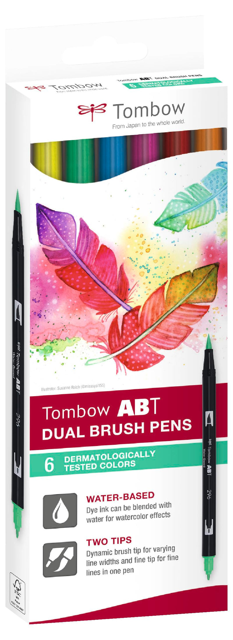 Tombow ABT-6C-3 Set of 6 ABT Felt-tip Dual Brush pens with 2 Tips, dermatologically Tested