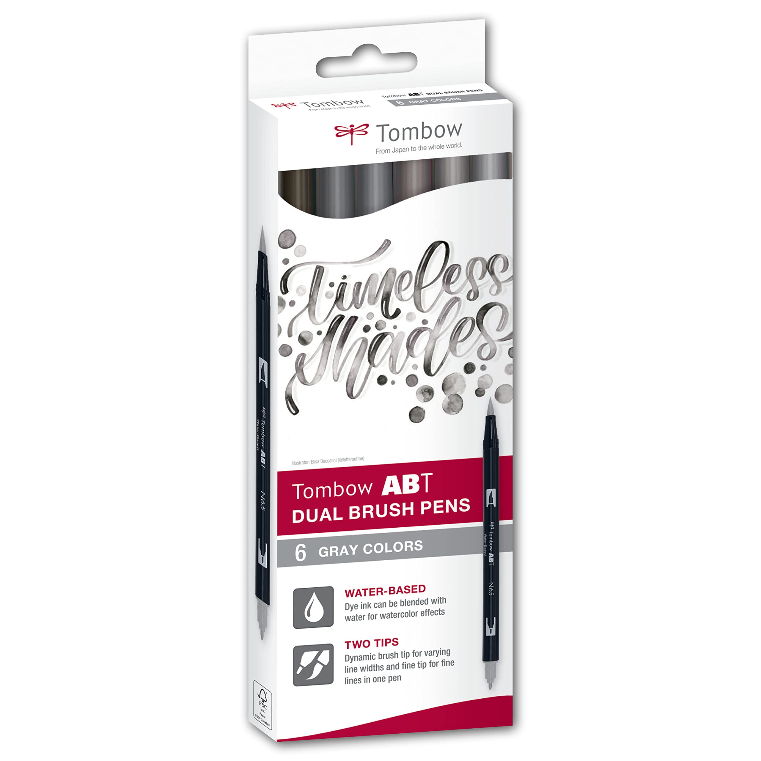 Tombow ABT Dual Brush Pen, Grey Colours, Pen with Two Tips, Perfect for Hand Lettering and Bullet Journal, Water-soluble, ABT-6C-6, Set of 6