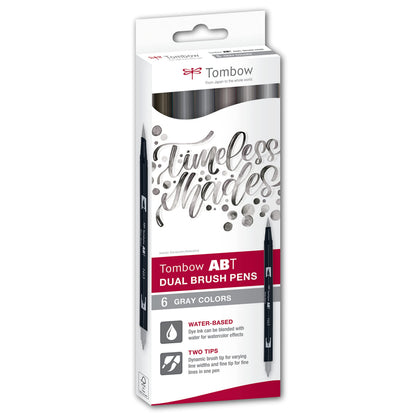 Tombow ABT Dual Brush Pen, Grey Colours, Pen with Two Tips, Perfect for Hand Lettering and Bullet Journal, Water-soluble, ABT-6C-6, Set of 6