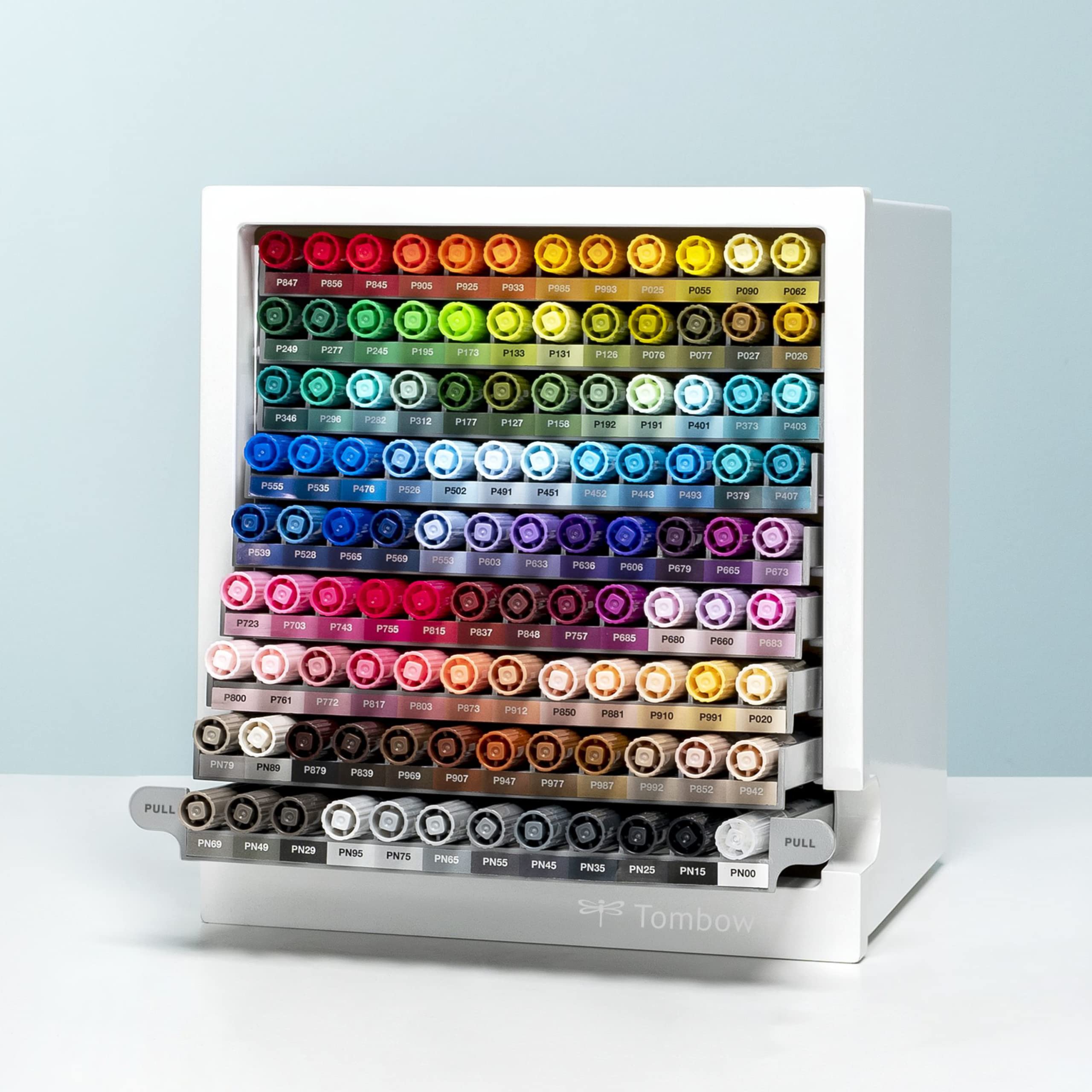 Tombow ABT-108C-ORGA ABT Dual Brush Pen Marker Desktop Organiser Set – 107 ABT Dual Brush Pens + Blender, extendable, compact 9-level pen storage, customisable labels included