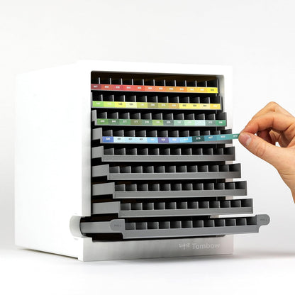 Tombow ABT-108C-ORGA ABT Dual Brush Pen Marker Desktop Organiser Set – 107 ABT Dual Brush Pens + Blender, extendable, compact 9-level pen storage, customisable labels included