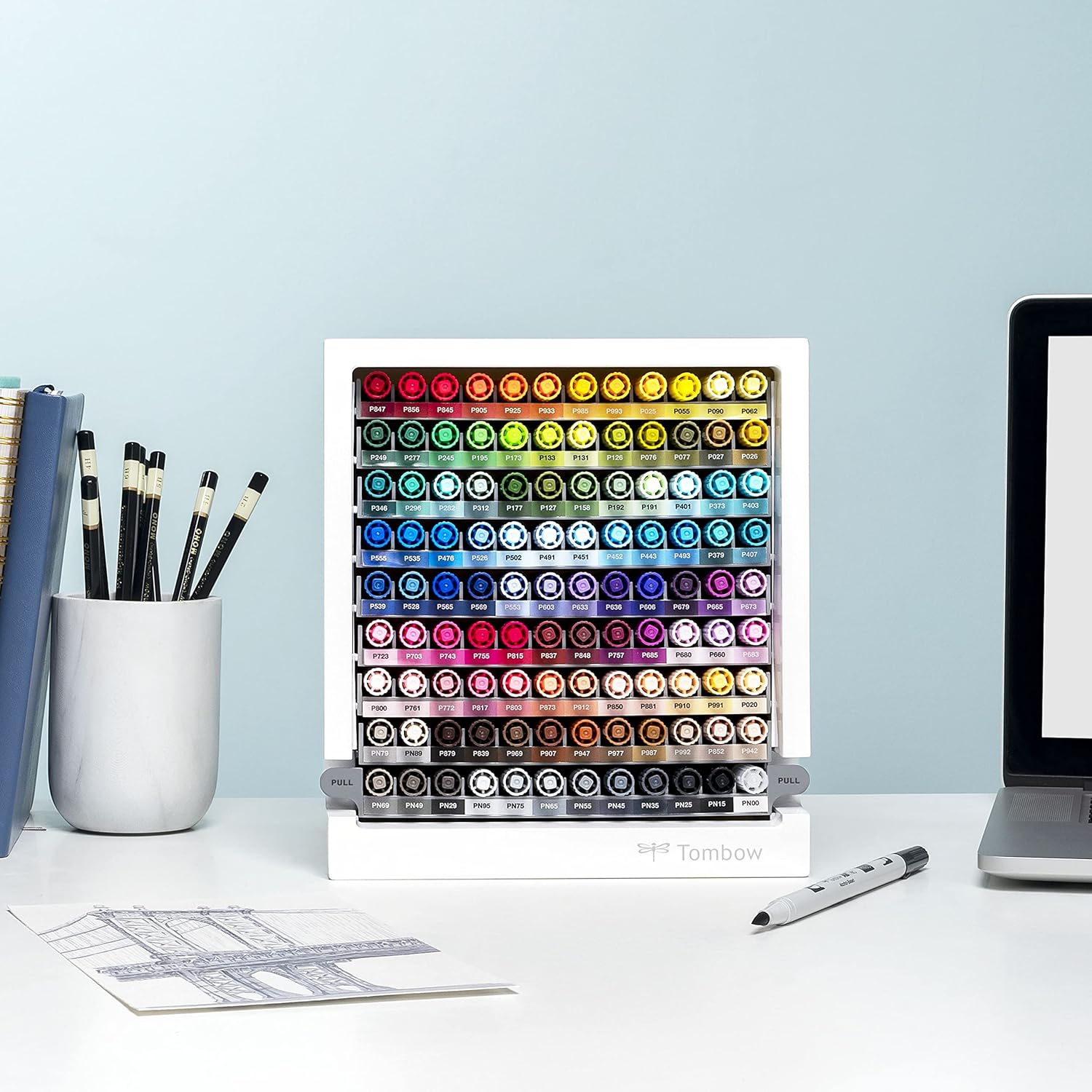 Tombow ABT-108C-ORGA ABT Dual Brush Pen Marker Desktop Organiser Set – 107 ABT Dual Brush Pens + Blender, extendable, compact 9-level pen storage, customisable labels included