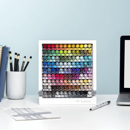 Tombow ABT-108C-ORGA ABT Dual Brush Pen Marker Desktop Organiser Set – 107 ABT Dual Brush Pens + Blender, extendable, compact 9-level pen storage, customisable labels included