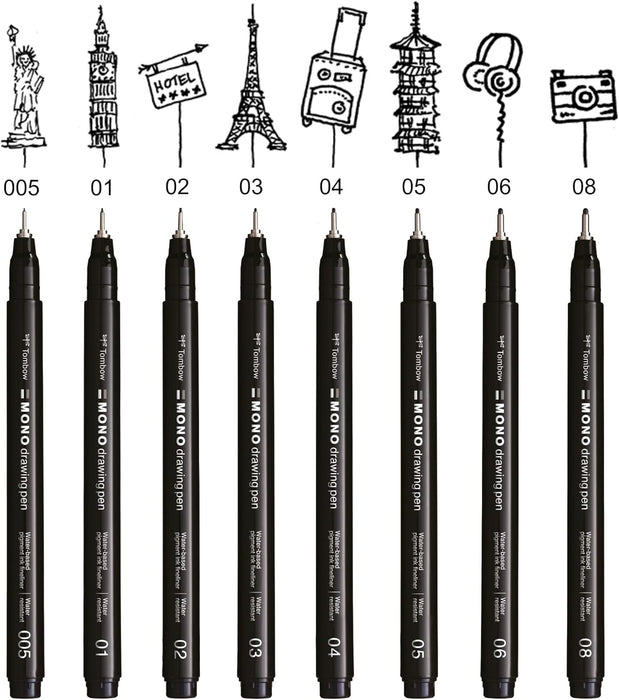 Tombow Fineliner MONO drawing pen, line width 02 (approx. 0.3 mm), pigment ink, water- and lightfast, for sketching, illustrating and drawing, black, WS-EFL-H-02