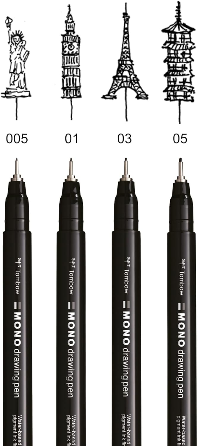 Tombow Fineliner MONO drawing pen, Fine Set, pigment ink, water and light resistant, for sketches, illustrations and drawings, black, set of 4, WS-EFL-H-F-4P