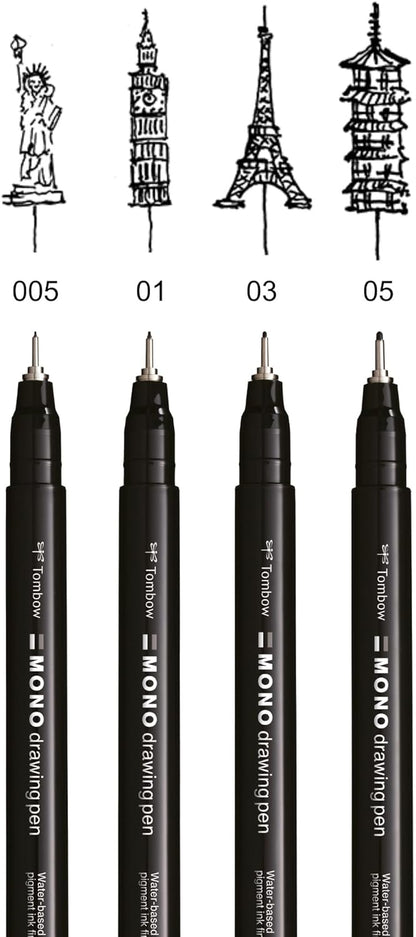 Tombow Fineliner MONO drawing pen, Fine Set, pigment ink, water and light resistant, for sketches, illustrations and drawings, black, set of 4, WS-EFL-H-F-4P