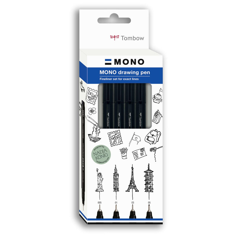 Tombow Fineliner MONO drawing pen, Fine Set, pigment ink, water and light resistant, for sketches, illustrations and drawings, black, set of 4, WS-EFL-H-F-4P