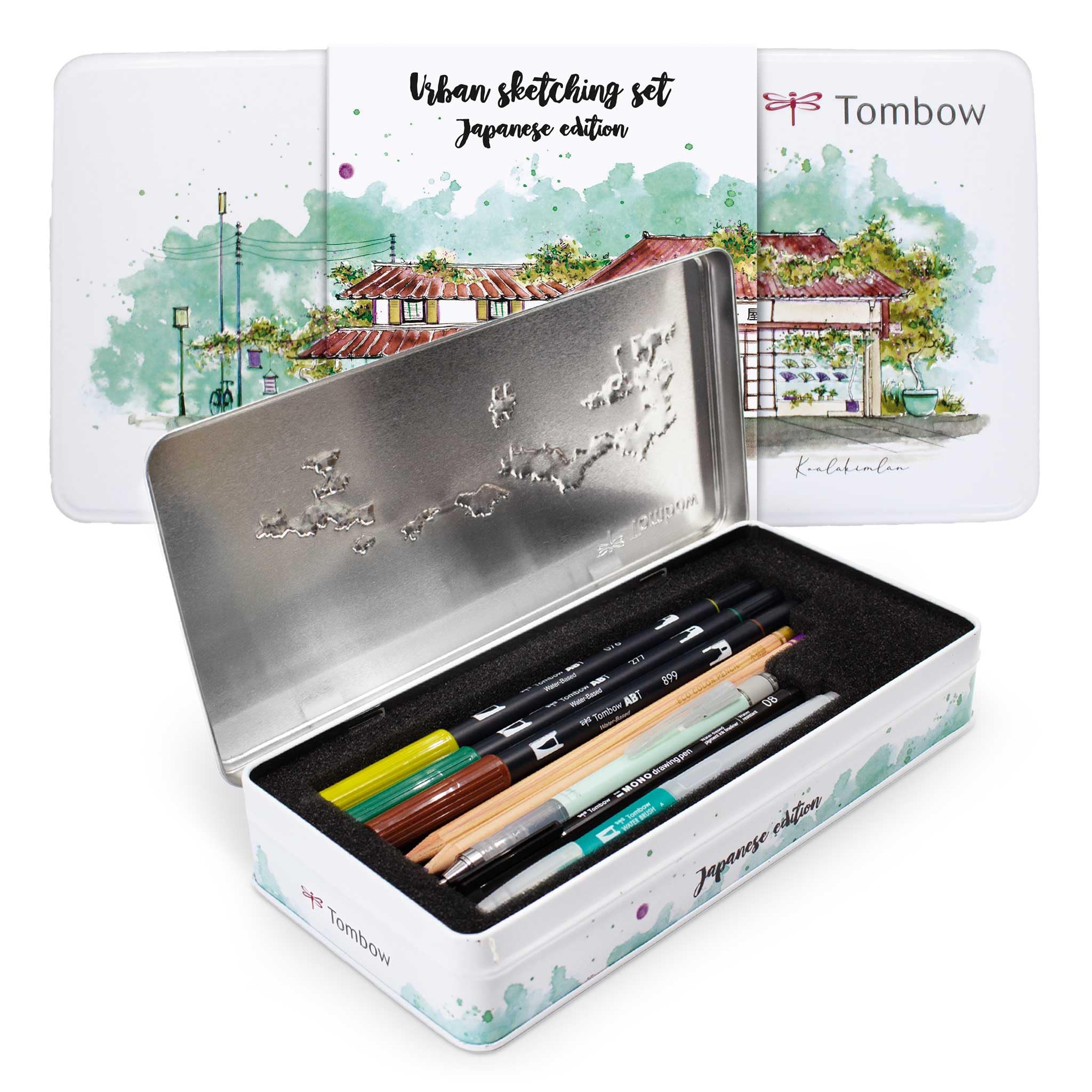 Tombow Urban Sketching Set Japan Edition, High-Quality Artist Pencils & Instructions, Brush Pens & Waterbrush for Watercolours, Metal Box for Storage
