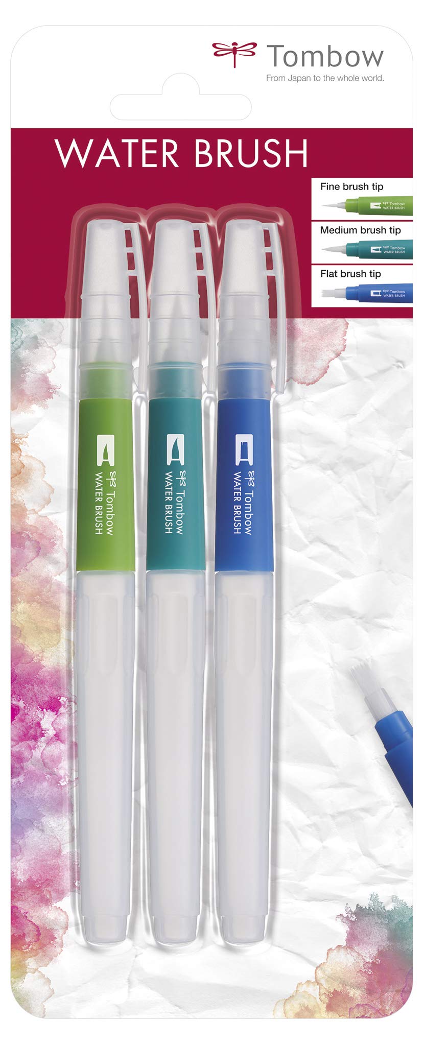 Tombow Juego de brochas Wb-3P con depósito de agua (vacías), 3 piezas, 1 brocha fina, mediana y plana, multicolor