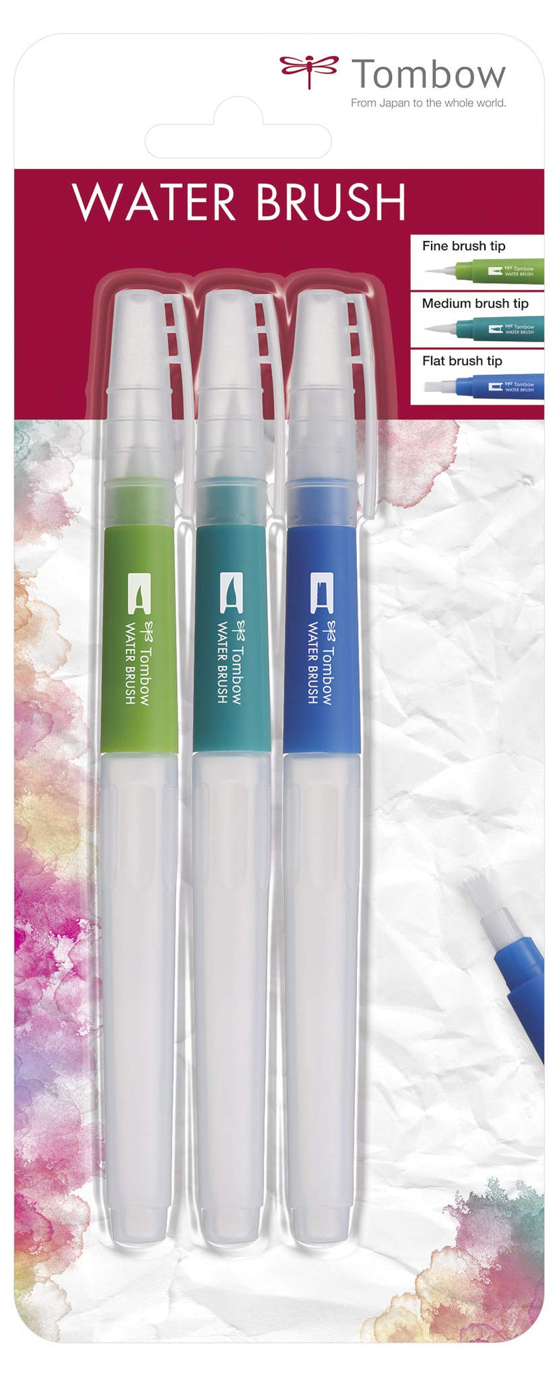 Tombow Juego de brochas Wb-3P con depósito de agua (vacías), 3 piezas, 1 brocha fina, mediana y plana, multicolor