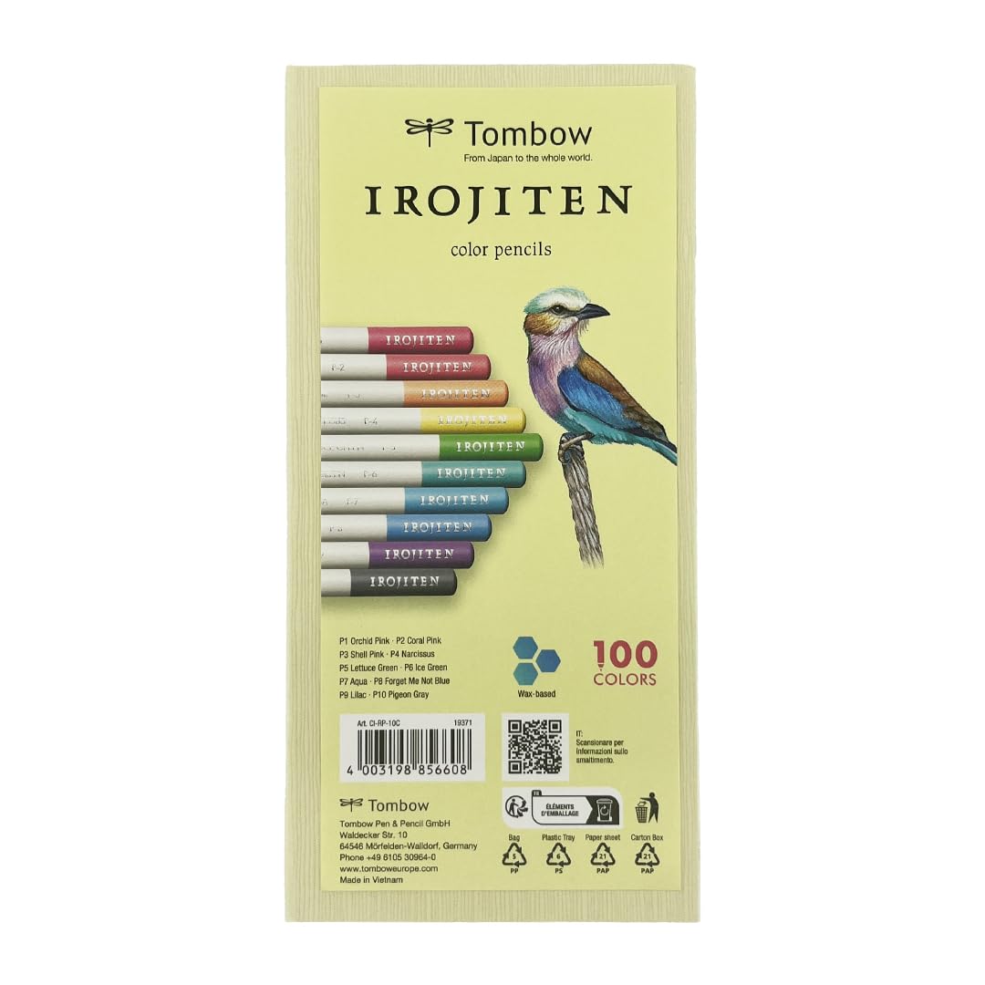 Tombow IROJITEN artist's coloured pencil set of 10, pastel colours l, wax-based lead for smooth transitions