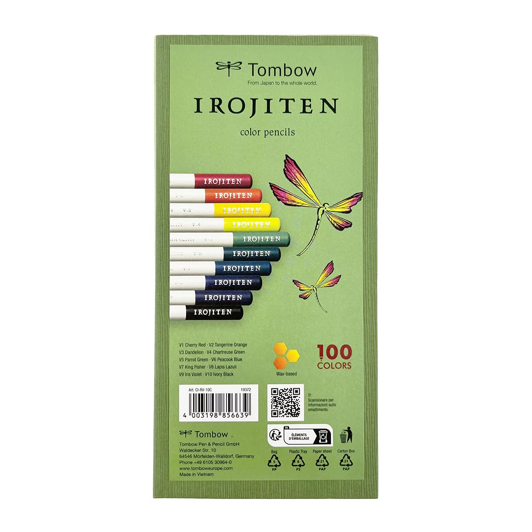 Tombow IROJITEN artist's coloured pencil set of 10, strong colours, wax-based lead for smooth colour gradients