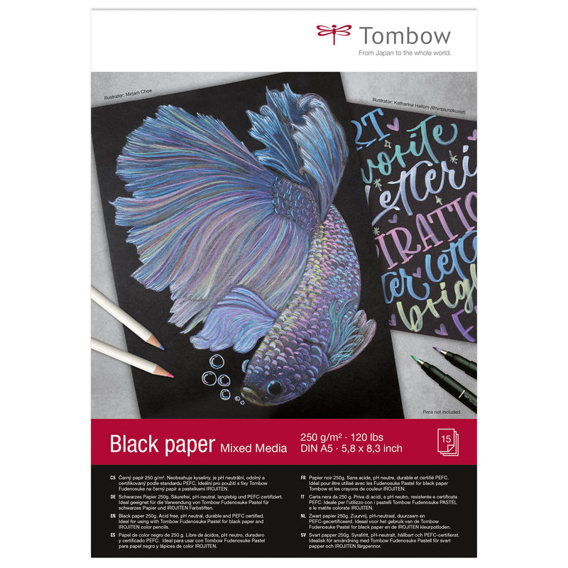 Tombow Black Paper Drawing Pad DIN A5 15 Sheets 250 g/m² Mixed Media Acid Free pH Neutral Black