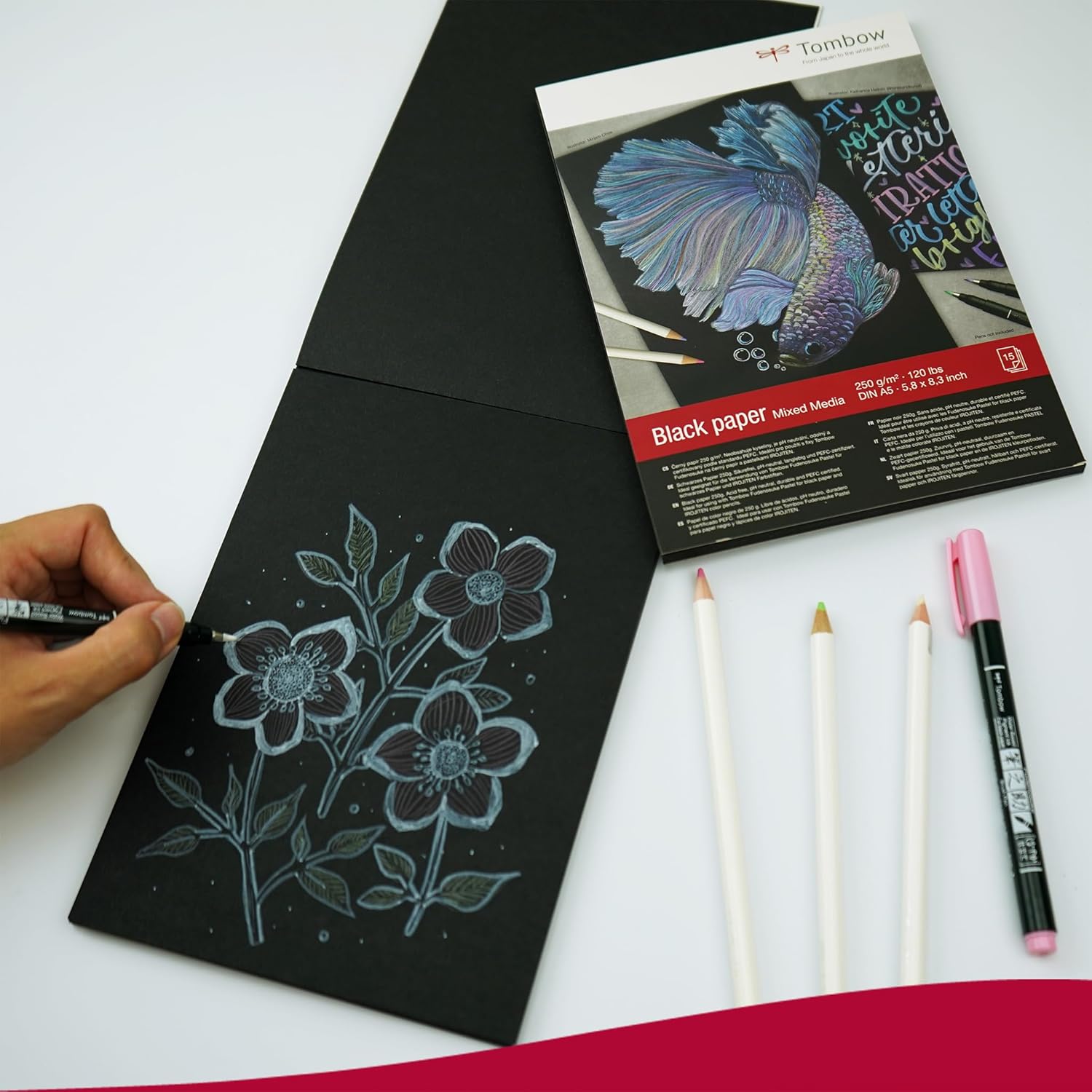 Tombow Black Paper Drawing Pad DIN A5 15 Sheets 250 g/m² Mixed Media Acid Free pH Neutral Black