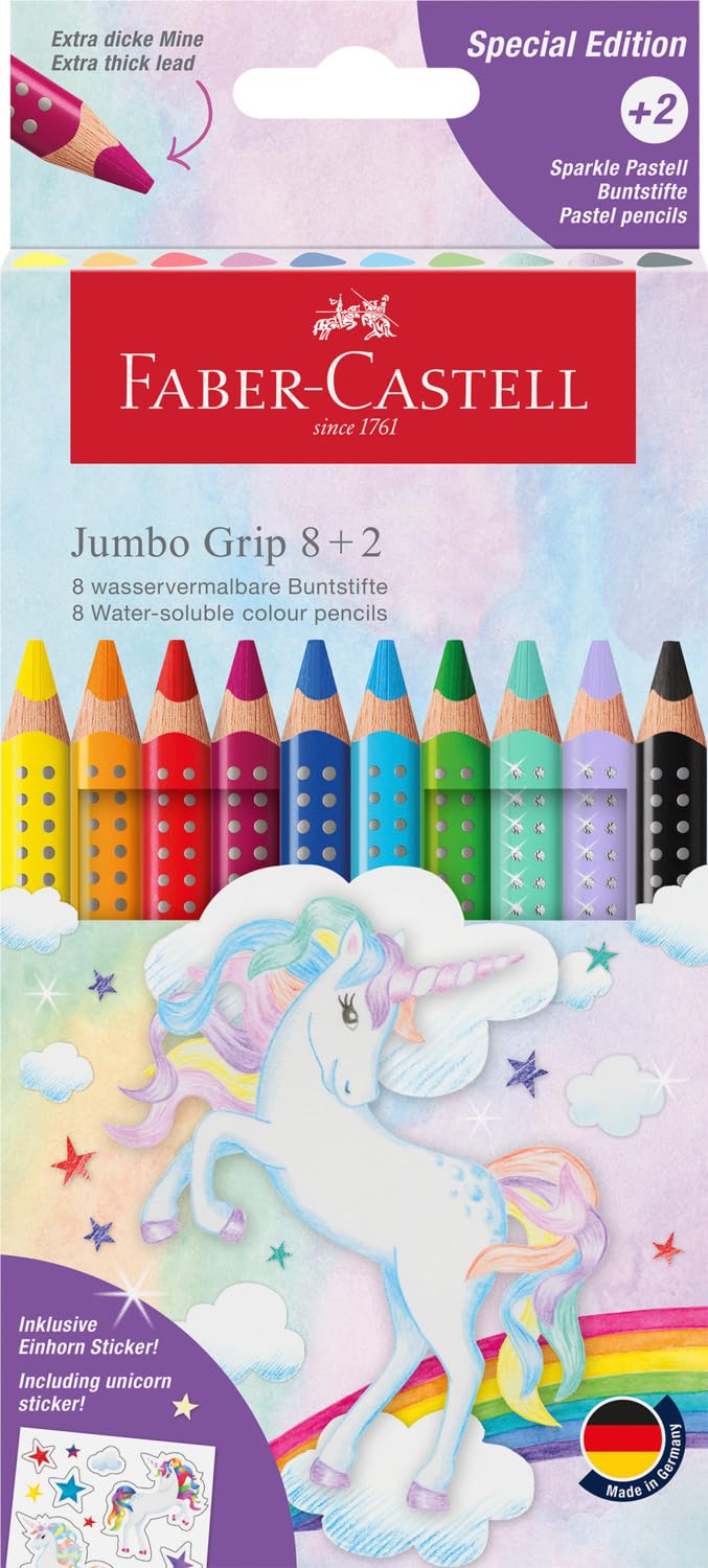 FABER-CASTELL 110923 Jumbo Unicorn Crayons Set, Pack of 10, Shatterproof, Includes 2 Sparkle Pencils and Unicorn Stickers