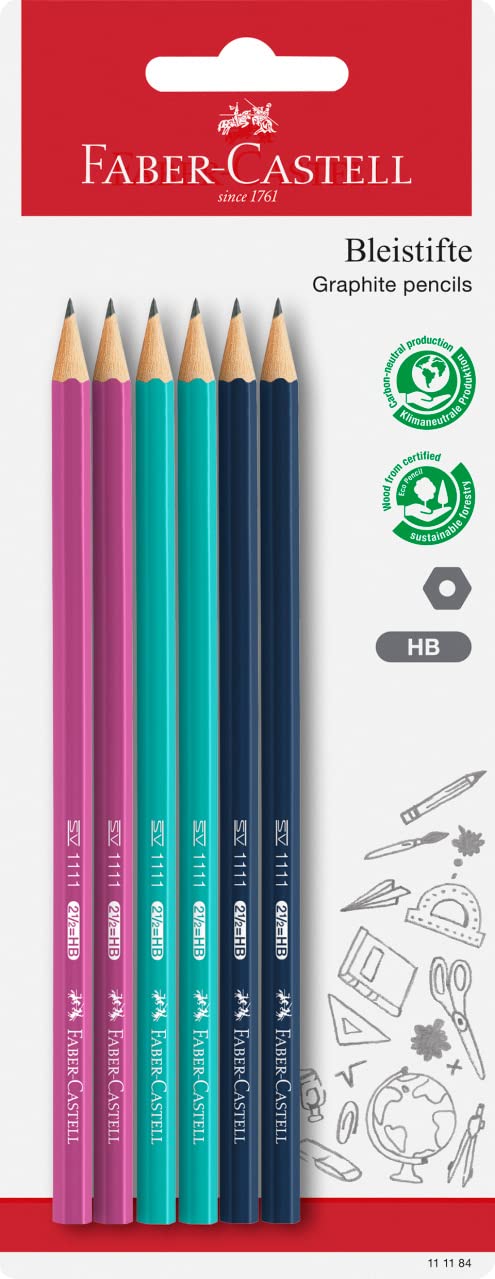 Faber-Castell Graphite Pencil Set x 6 1111 HB Coloured on Blister Card