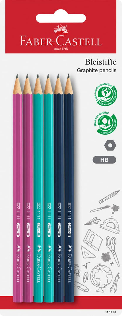 Faber-Castell Graphite Pencil Set x 6 1111 HB Coloured on Blister Card