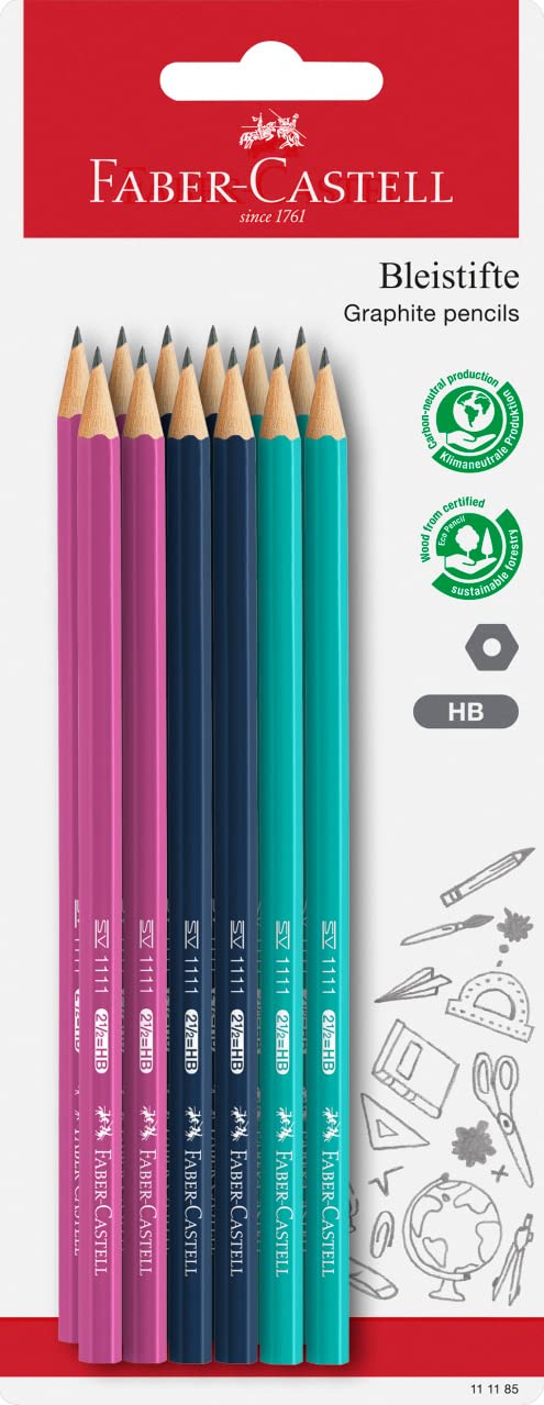 Faber-Castell Graphite Pencil Set x 12 1111 HB Coloured on Blister Card